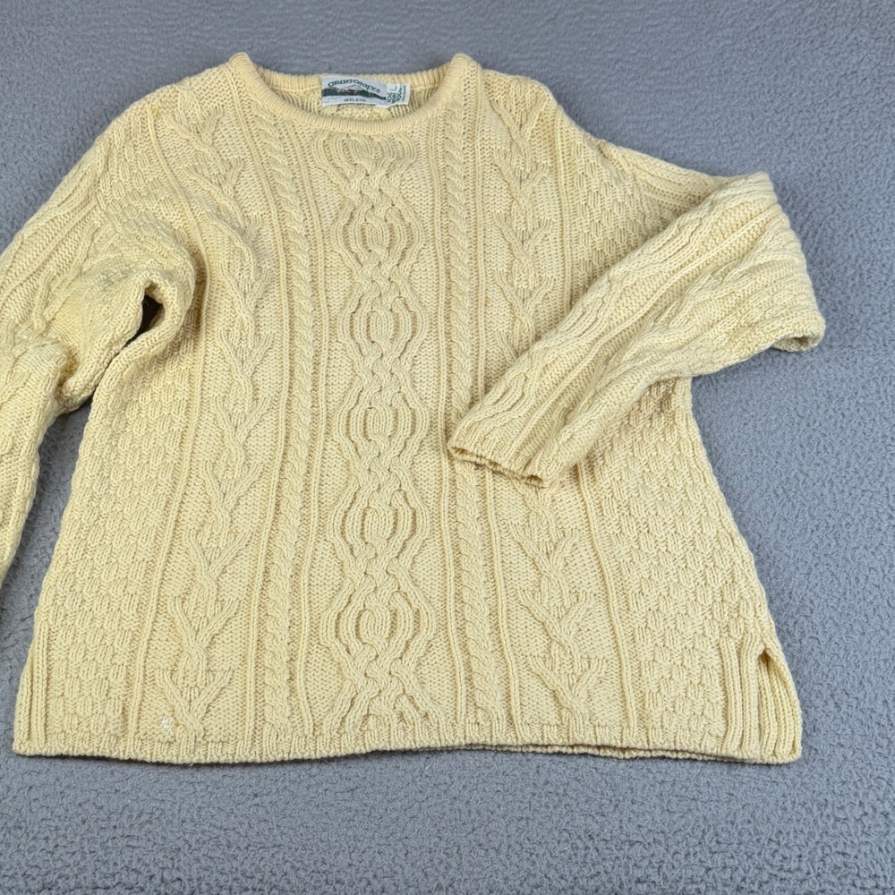 Arancrafts Sweater Mens Large Yellow Crew Neck Cable Knit Merino Wool Ireland